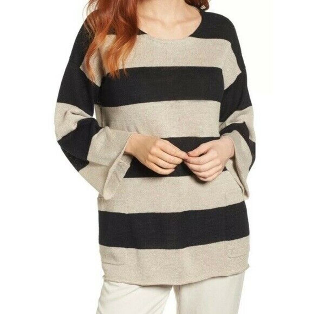 Eileen Fisher Tunic Sweater S Black Beige Striped Organic Linen Pocket Lagenlook